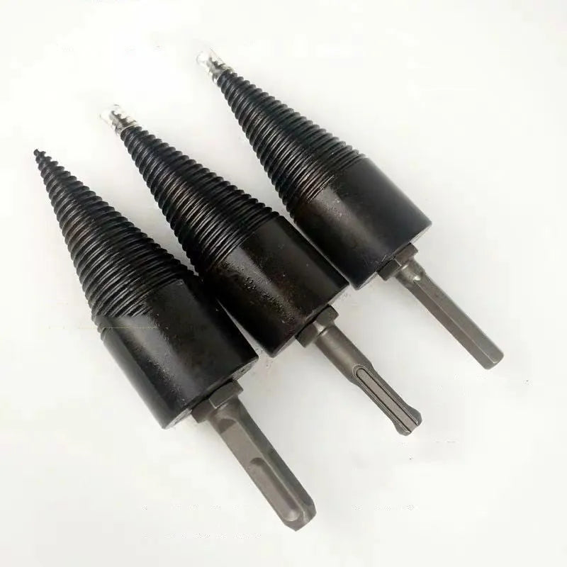 Close-up of a hexagonal shank metal firewood splitting drill bit with a cone tip, shown next to a log.