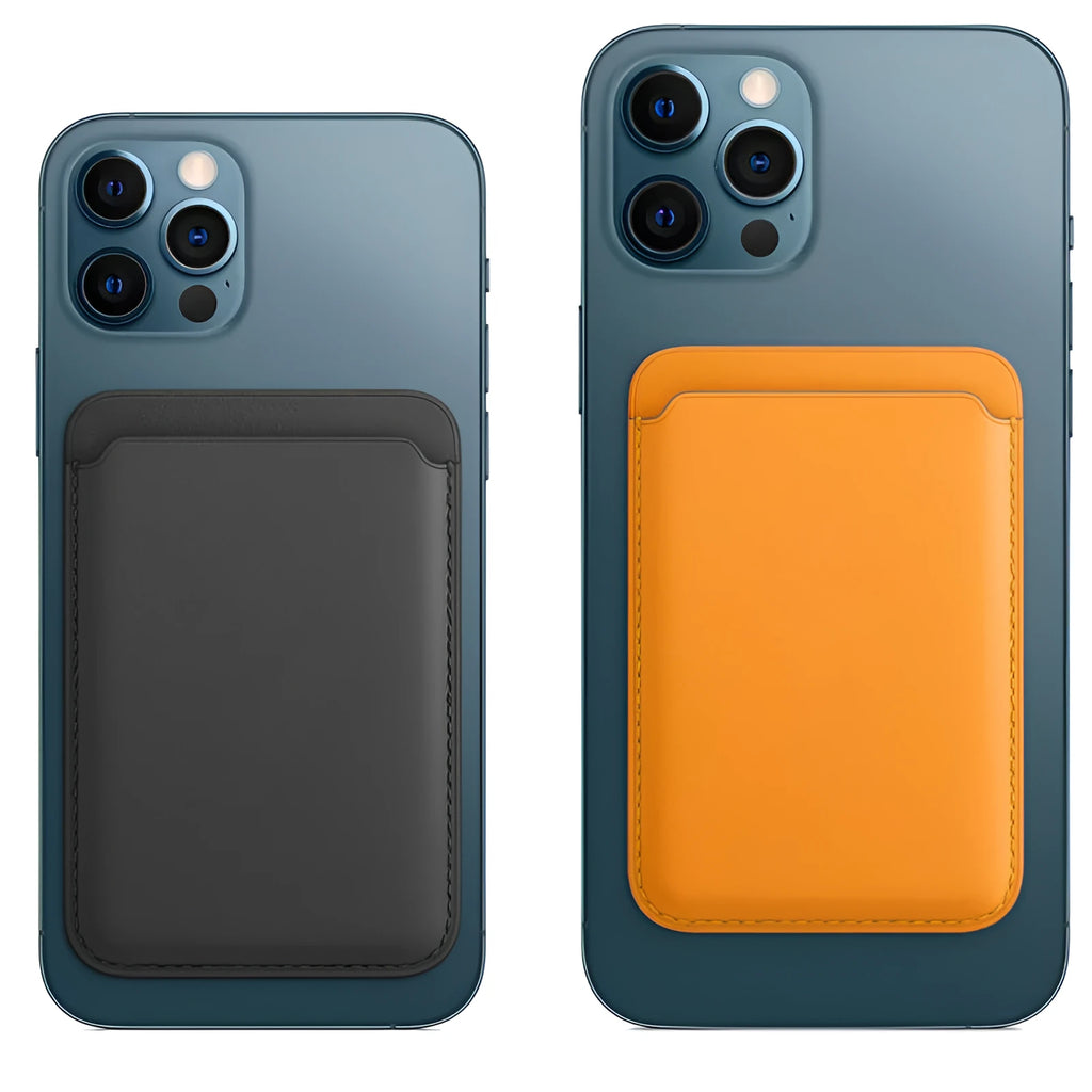 Black PU leather iPhone case with a magnetic card holder slot on the back.