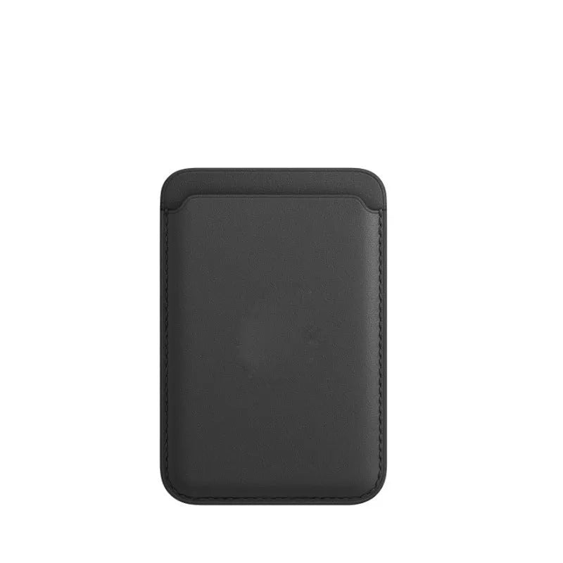 Black PU leather iPhone case with a magnetic card holder slot on the back.