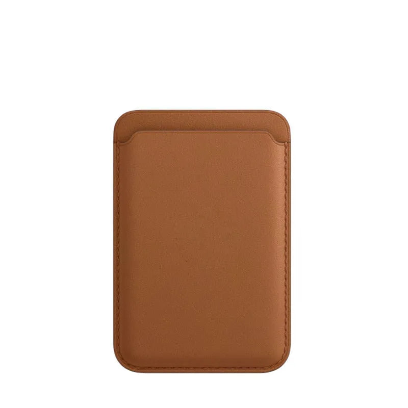 Black PU leather iPhone case with a magnetic card holder slot on the back.