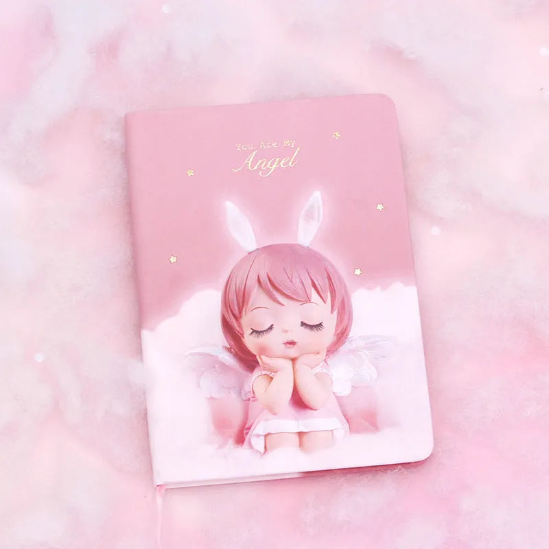 Pink Flower Fairy handbook notepad with PU leather cover, showing writing paper pages.