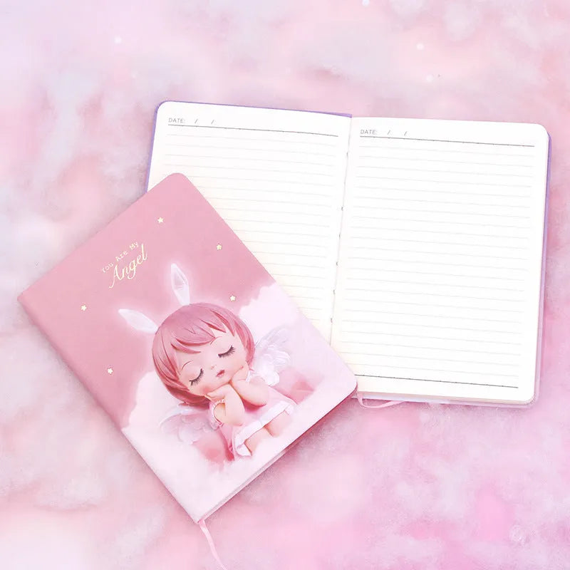 Pink Flower Fairy handbook notepad with PU leather cover, showing writing paper pages.