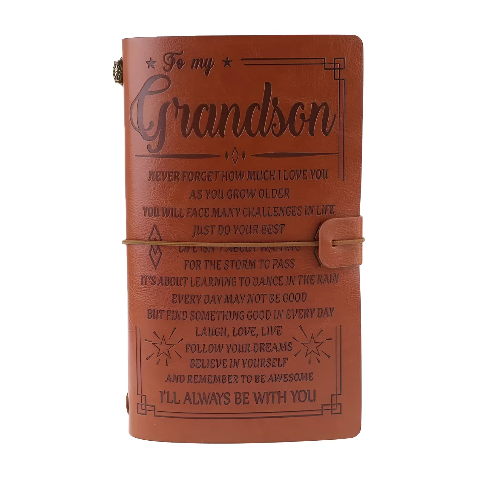 Brown leather hand ledger notebook with strap binding showing warm brown acid-free paper inside