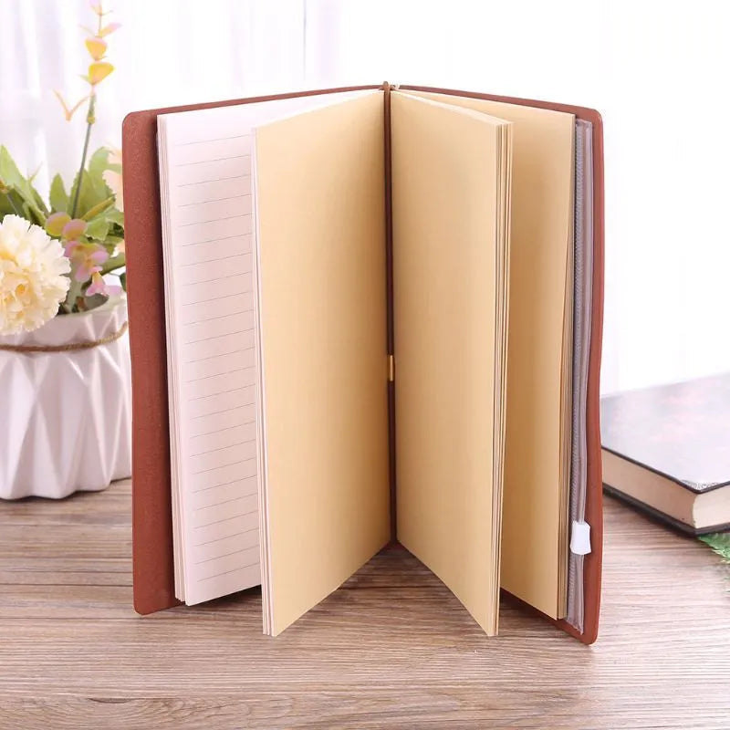 Brown leather hand ledger notebook with strap binding showing warm brown acid-free paper inside