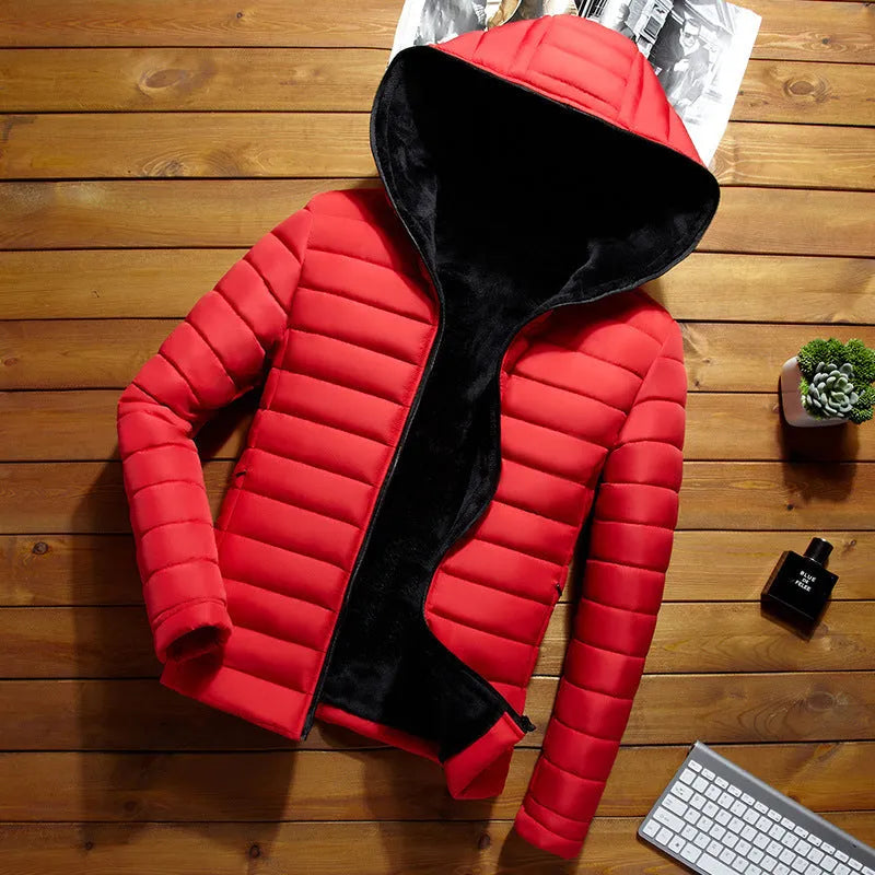 Men's winter short padded jacket in black with plus velvet lining, slim fit, zip placket, plain pattern.