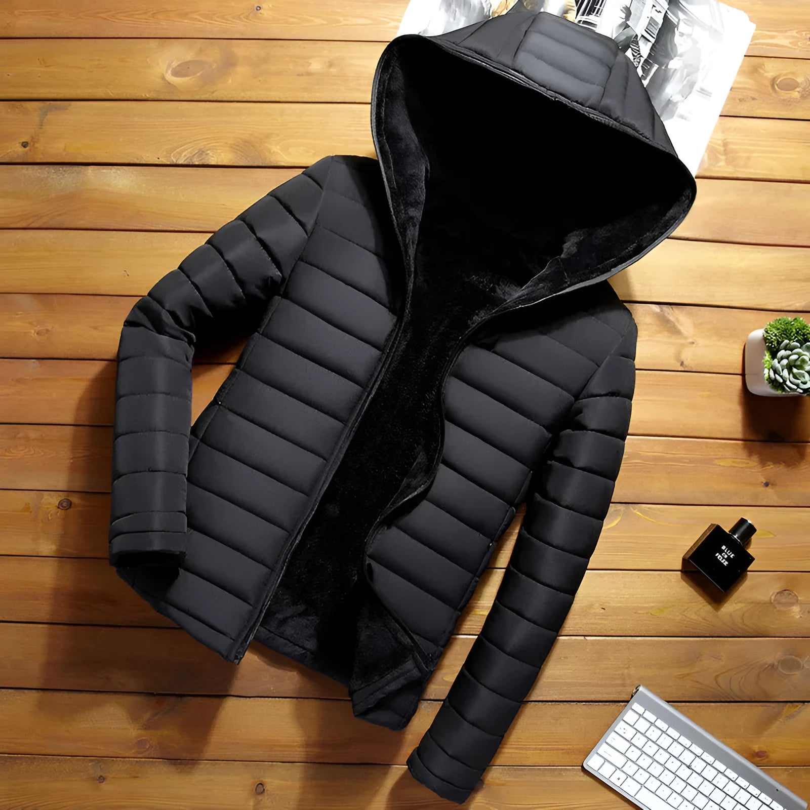 Men's winter short padded jacket in black with plus velvet lining, slim fit, zip placket, plain pattern.