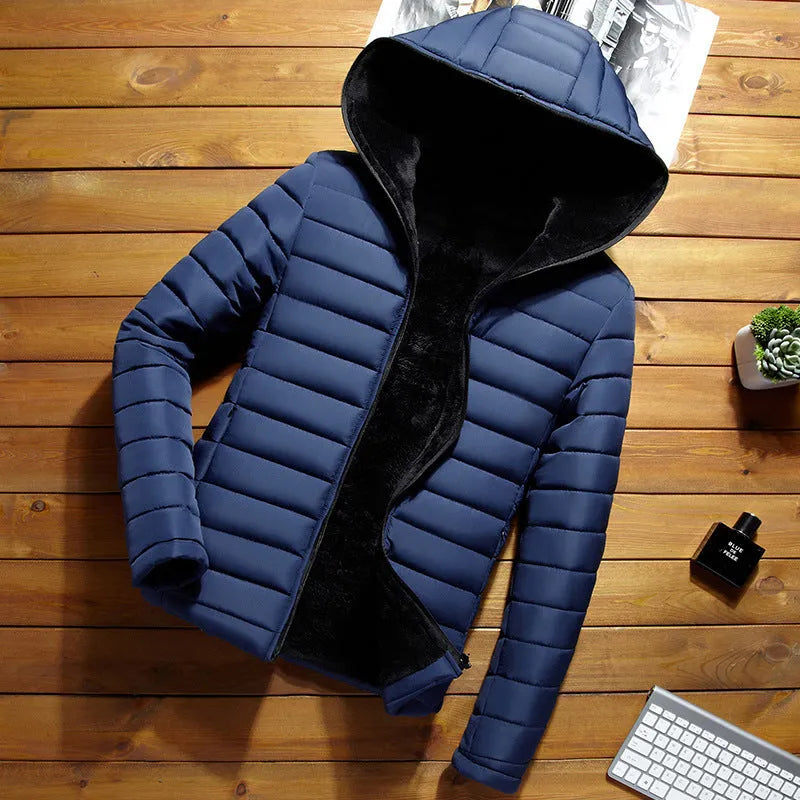Men's winter short padded jacket in black with plus velvet lining, slim fit, zip placket, plain pattern.