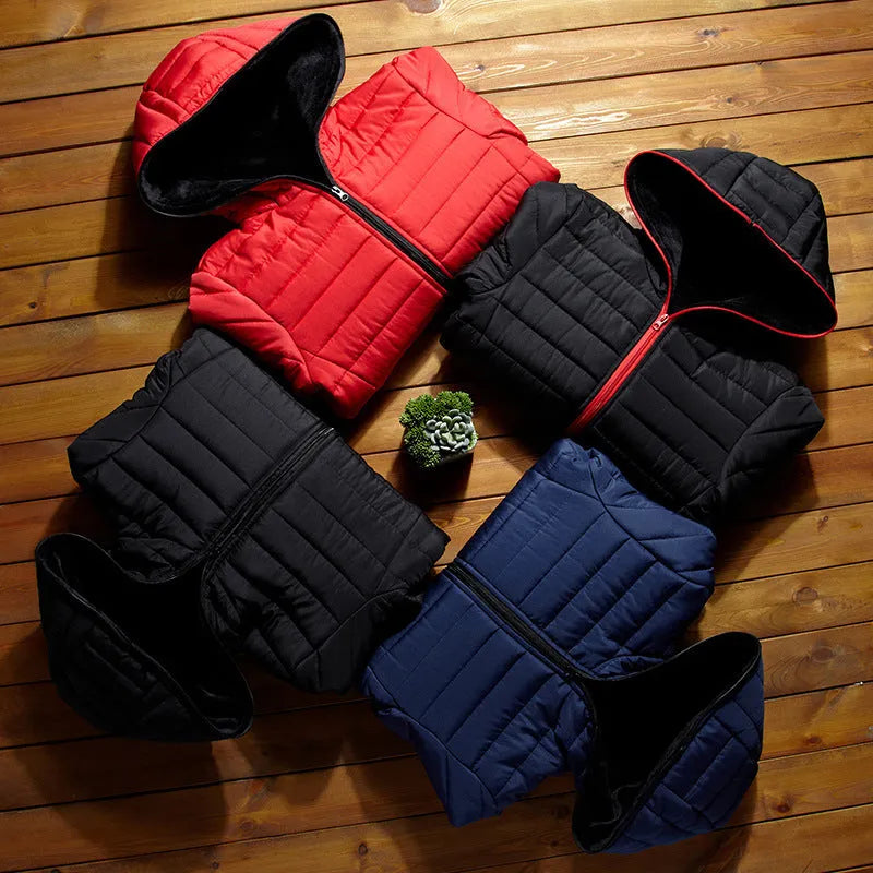 Men's winter short padded jacket in black with plus velvet lining, slim fit, zip placket, plain pattern.