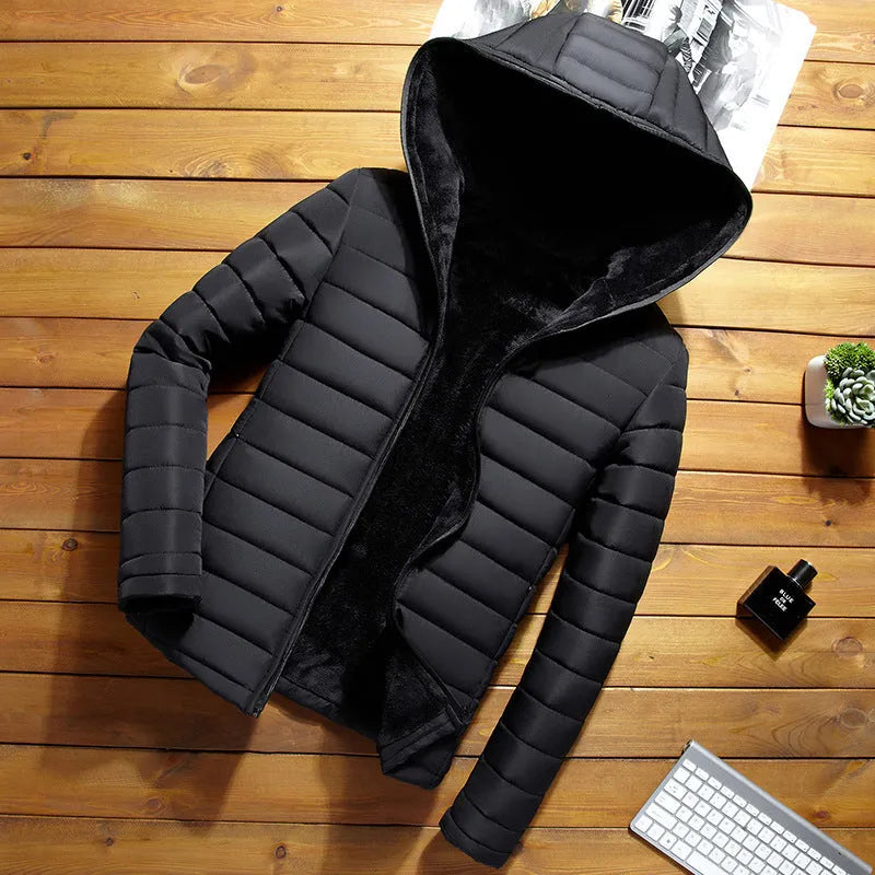Men's winter short padded jacket in black with plus velvet lining, slim fit, zip placket, plain pattern.