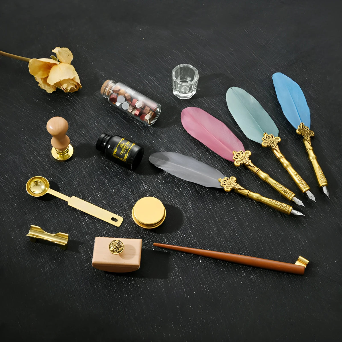Dipped feather pen and lacquer stamp set with solid wood pen, 20ml ink, wax seal kit and golden tin gift box