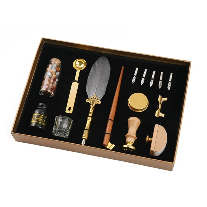 Dipped feather pen and lacquer stamp set with solid wood pen, 20ml ink, wax seal kit and golden tin gift box