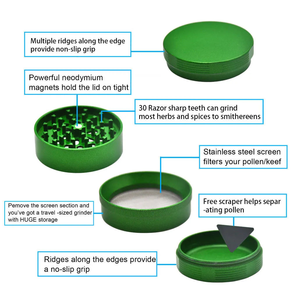 Four layer metal smoke grinder in aviation aluminium alloy with diamond teeth, shown in black, green, grey, and violet colours.