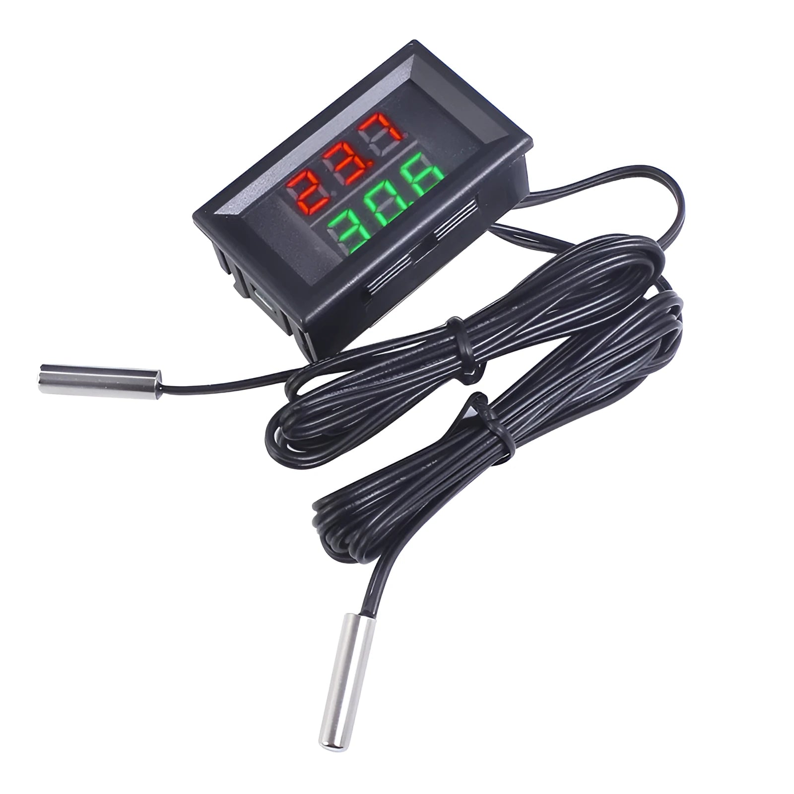 Dual display digital thermometer with NTC10K waterproof probe and 0.28 inch LED display, 48x29x22mm