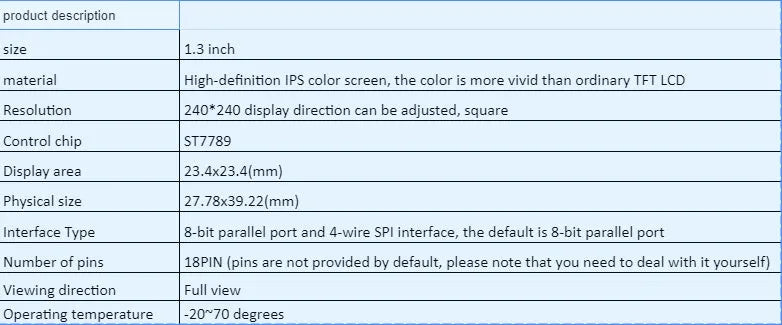 1.3-inch square IPS LCD display module with 240x240 resolution and 18-pin connector for microcontroller projects