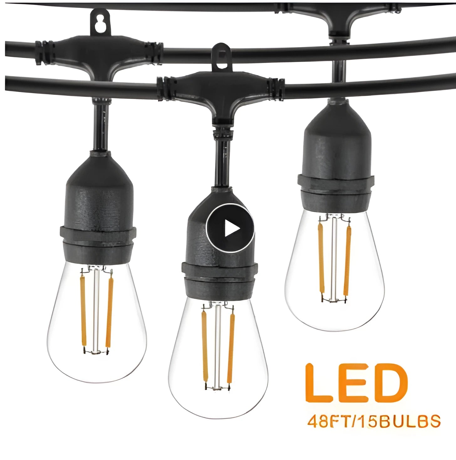 Black 15-metre light string with 15 bulbs for indoor and outdoor decorative lighting