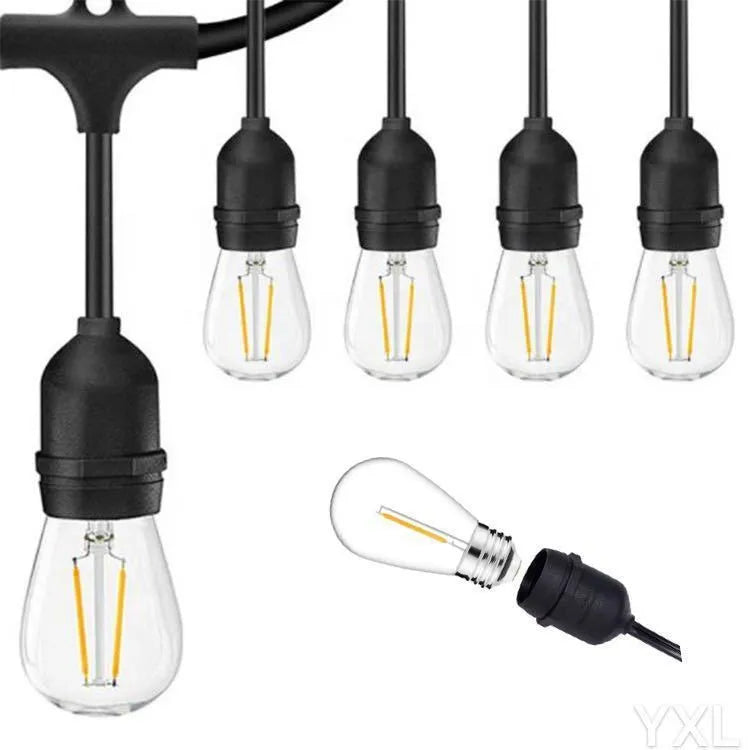 Black 15-metre light string with 15 bulbs for indoor and outdoor decorative lighting