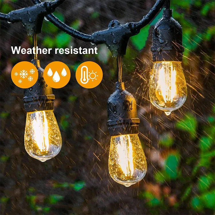 Black 15-metre light string with 15 bulbs for indoor and outdoor decorative lighting