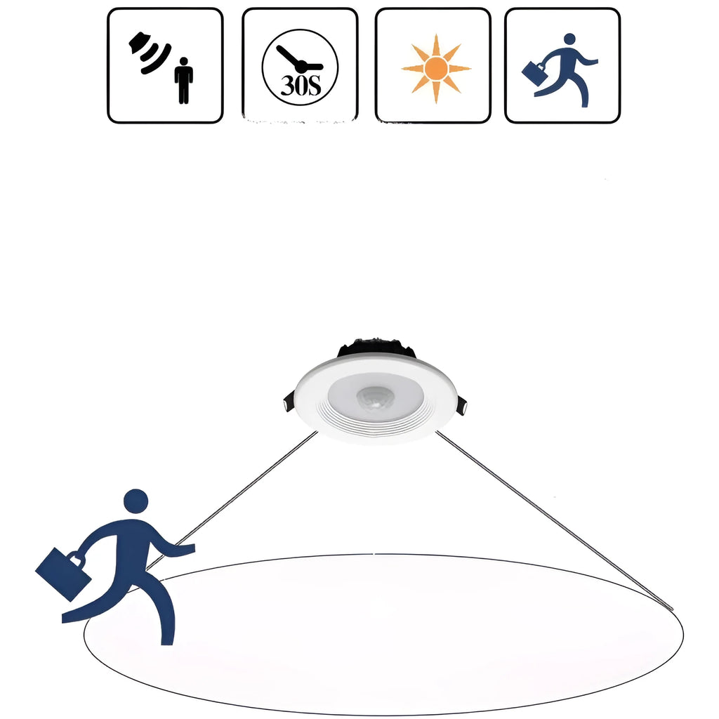 Infrared body sensing LED down light with aluminium housing for ceiling installation.