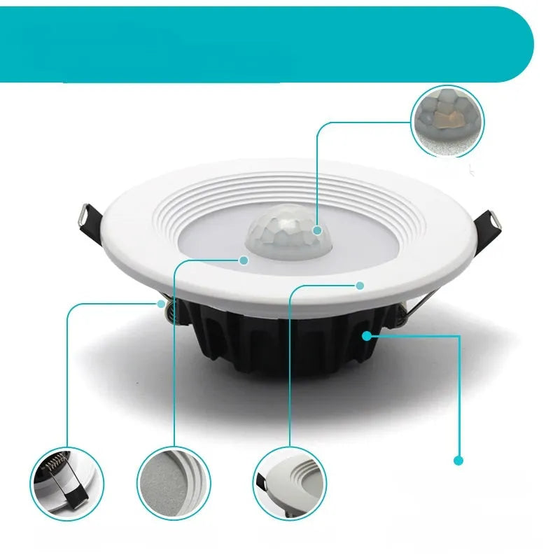 Infrared body sensing LED down light with aluminium housing for ceiling installation.