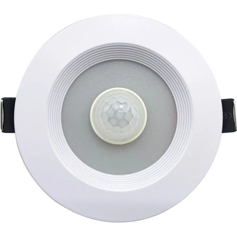 Infrared body sensing LED down light with aluminium housing for ceiling installation.