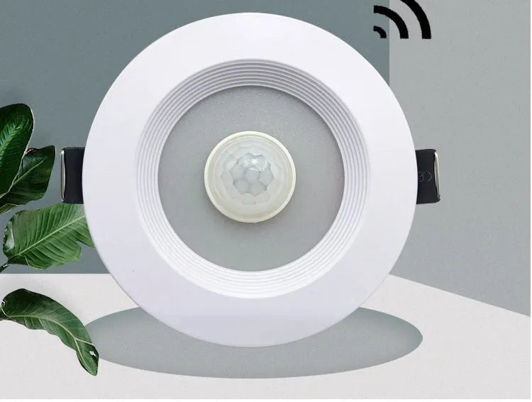 Infrared body sensing LED down light with aluminium housing for ceiling installation.