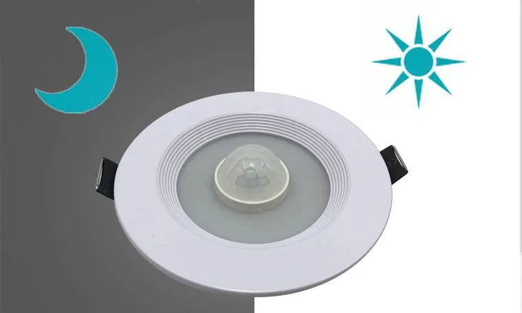 Infrared body sensing LED down light with aluminium housing for ceiling installation.