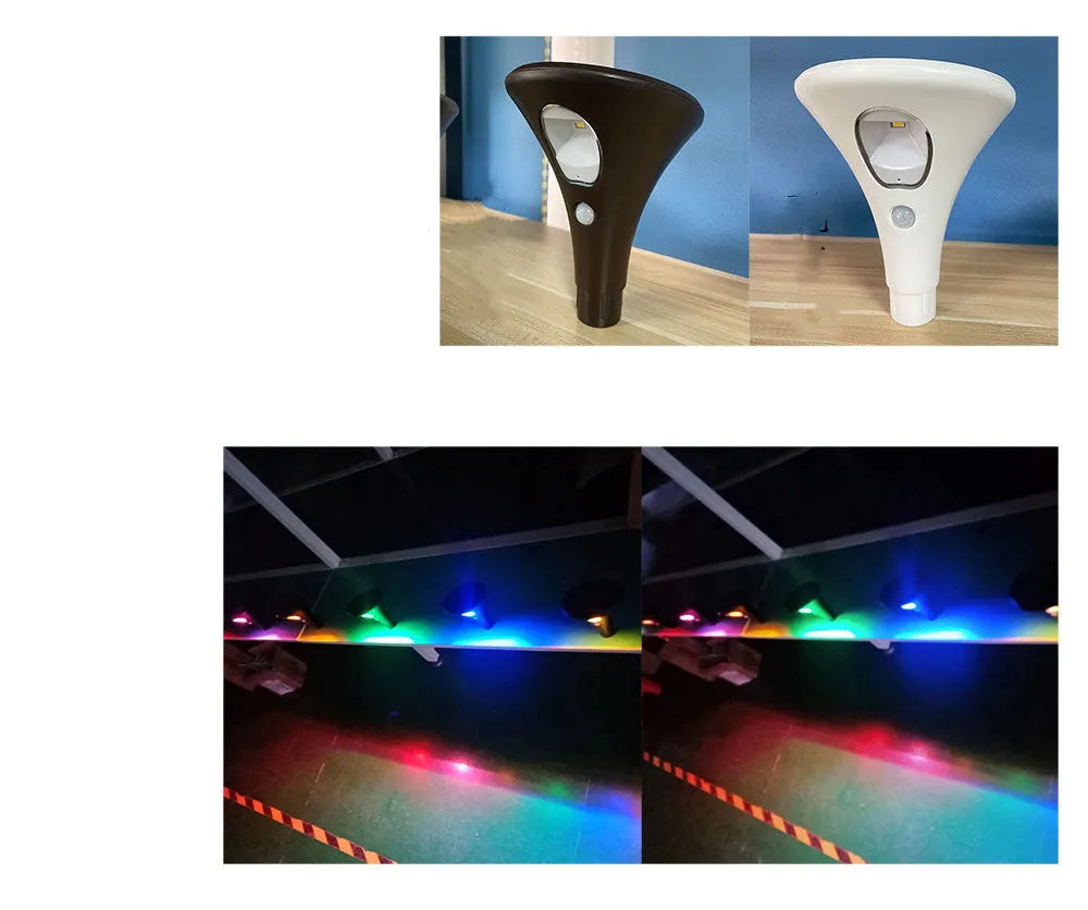 Solar-powered ground plug light with lamp pole for outdoor garden illumination.