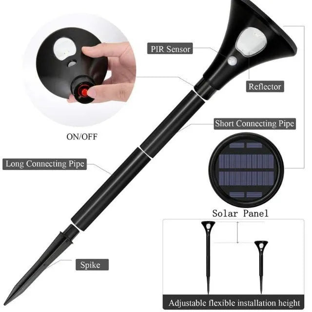 Solar-powered ground plug light with lamp pole for outdoor garden illumination.