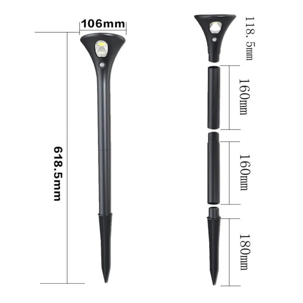 Solar-powered ground plug light with lamp pole for outdoor garden illumination.