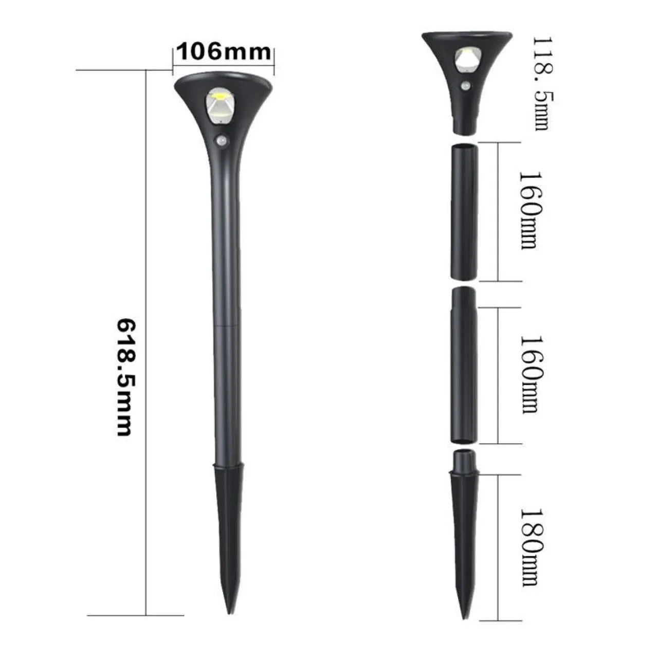 Solar-powered ground plug light with lamp pole for outdoor garden illumination.