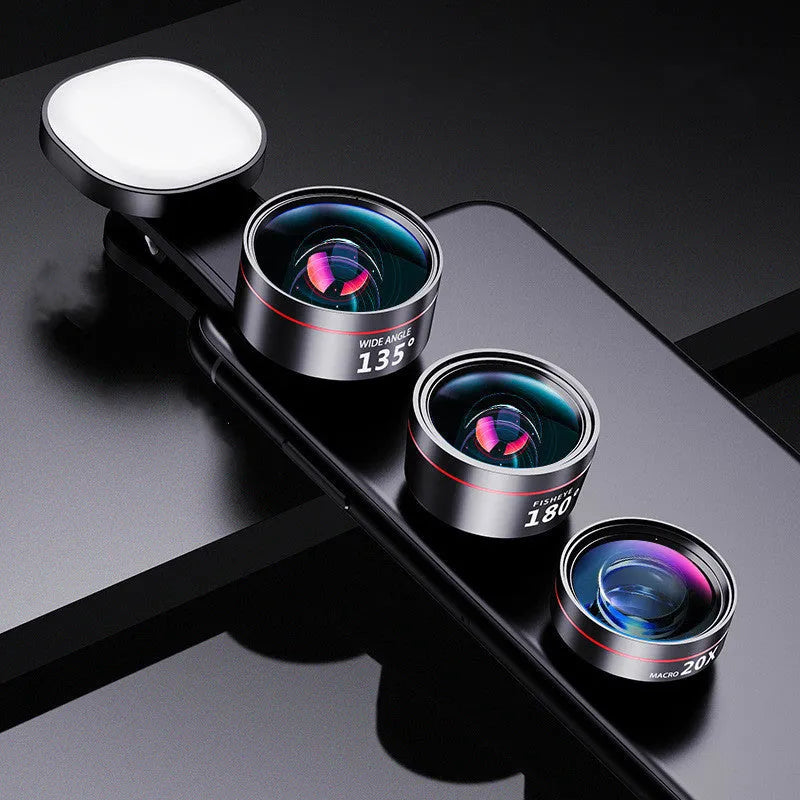 Universal mobile phone fill light attachment with camera lenses for HD photography