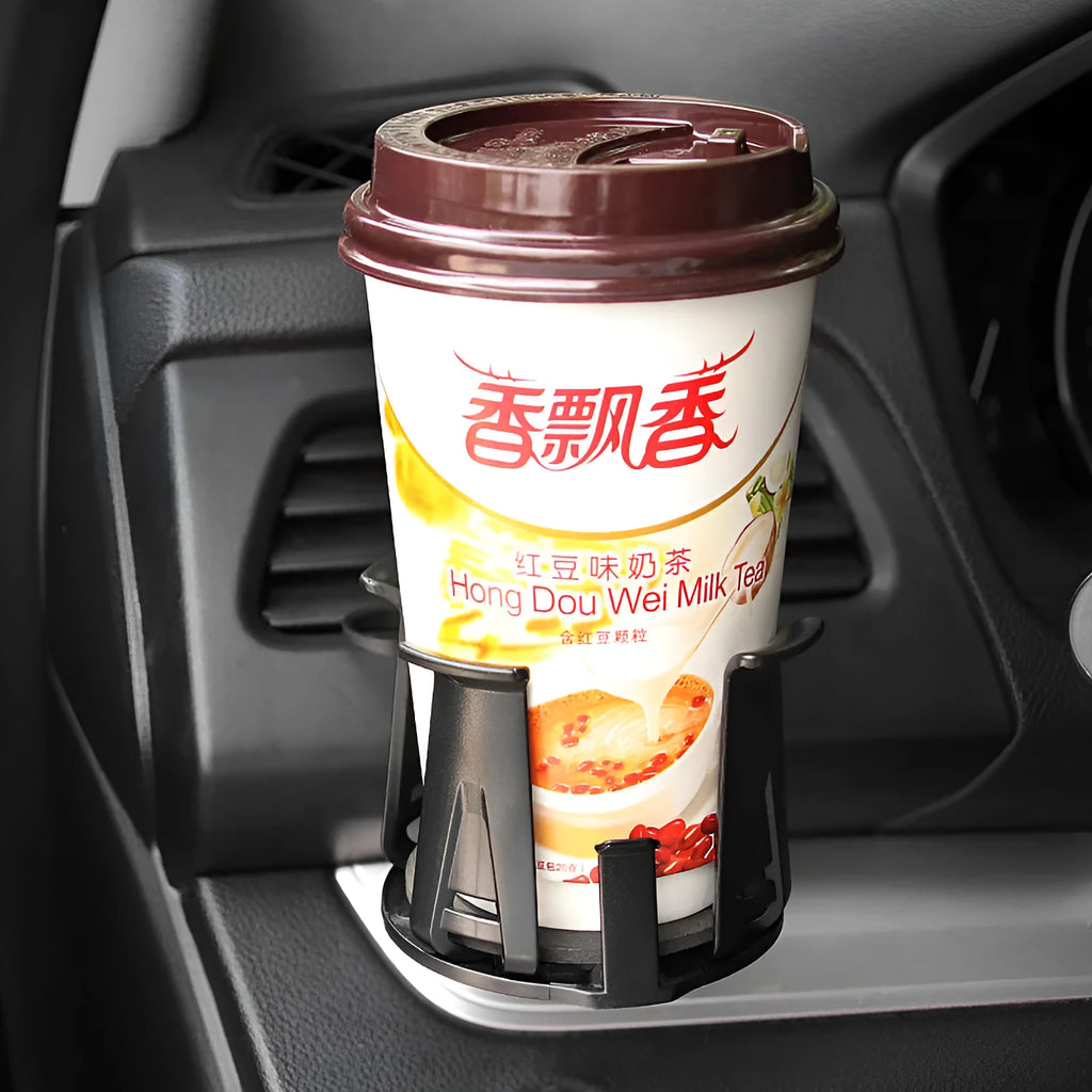 Black ABS car air outlet beverage holder for universal vehicle vent, single pack in colour box.