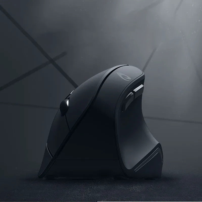 Black 2.4G wireless ergonomic gaming mouse with six buttons and USB receiver on desk