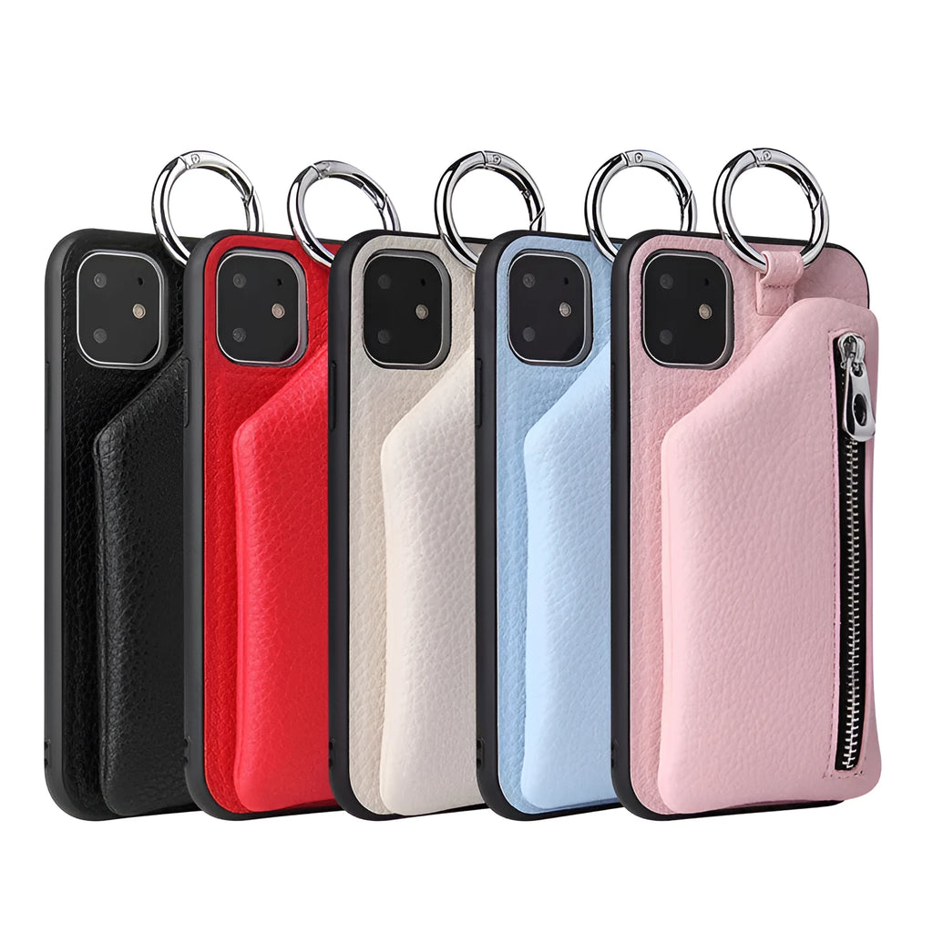 Pink PU leather crossbody phone case with a long lanyard and a small zipped coin purse on the back.