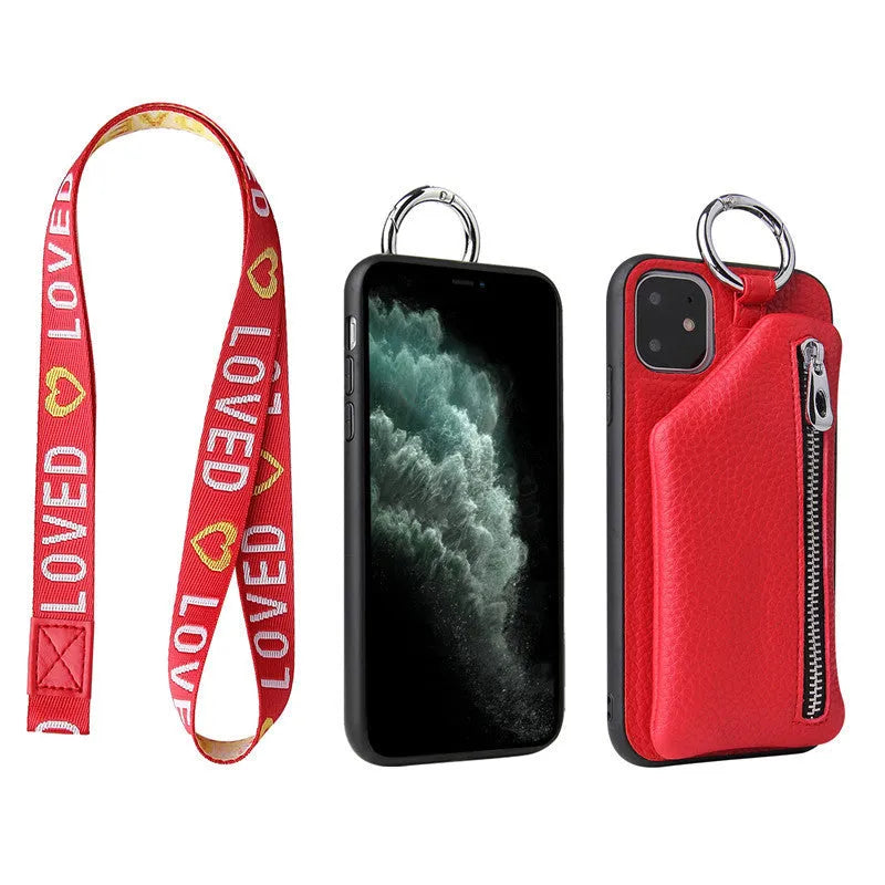 Pink PU leather crossbody phone case with a long lanyard and a small zipped coin purse on the back.