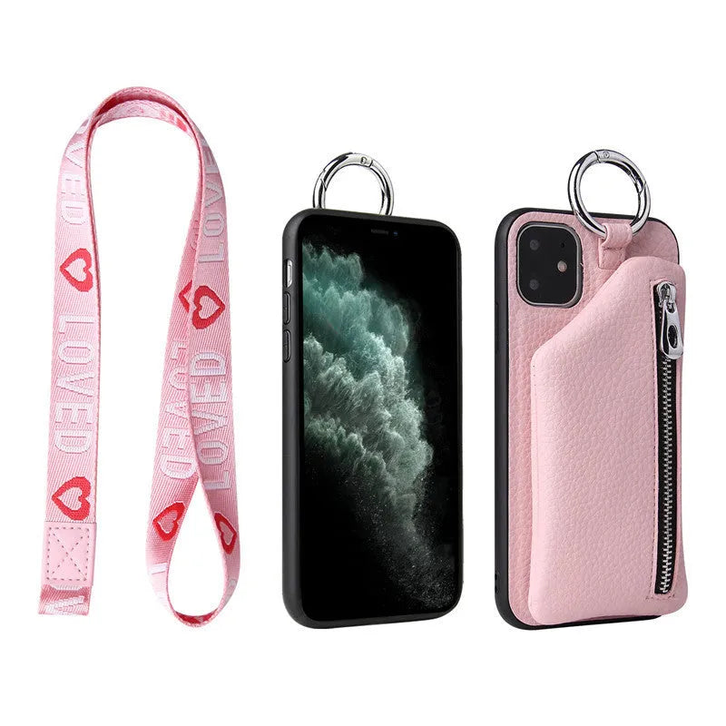 Pink PU leather crossbody phone case with a long lanyard and a small zipped coin purse on the back.