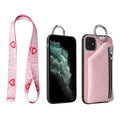 Pink PU leather crossbody phone case with a long lanyard and a small zipped coin purse on the back.