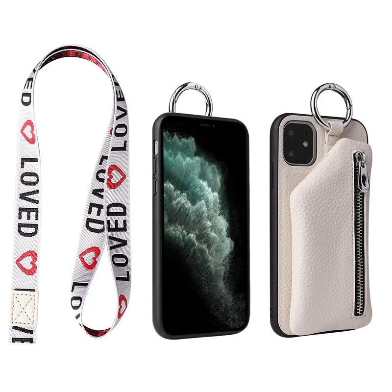 Pink PU leather crossbody phone case with a long lanyard and a small zipped coin purse on the back.