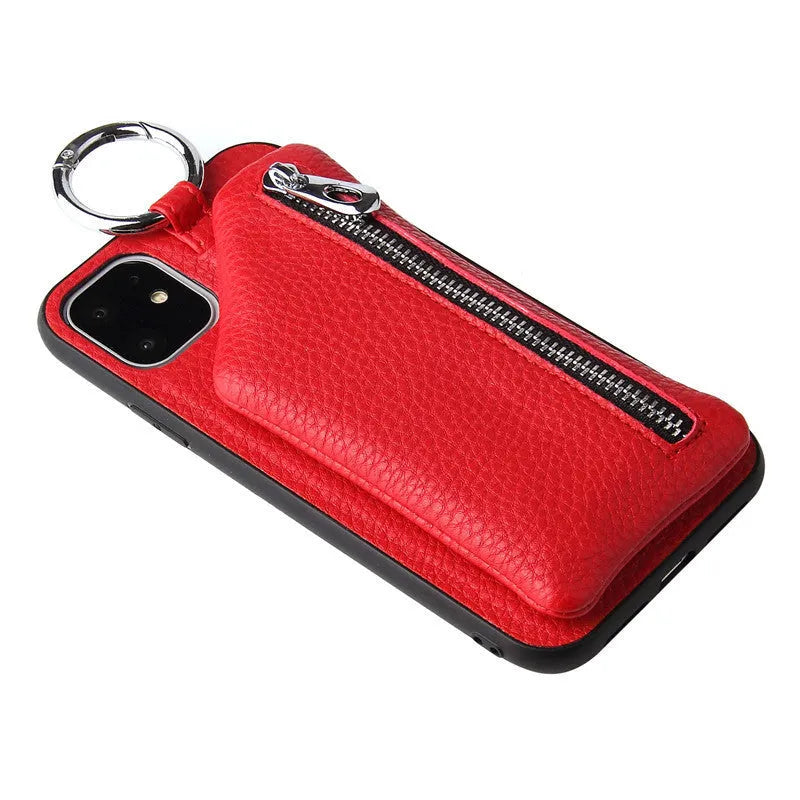 Pink PU leather crossbody phone case with a long lanyard and a small zipped coin purse on the back.