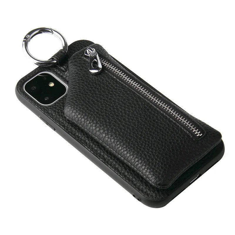 Pink PU leather crossbody phone case with a long lanyard and a small zipped coin purse on the back.