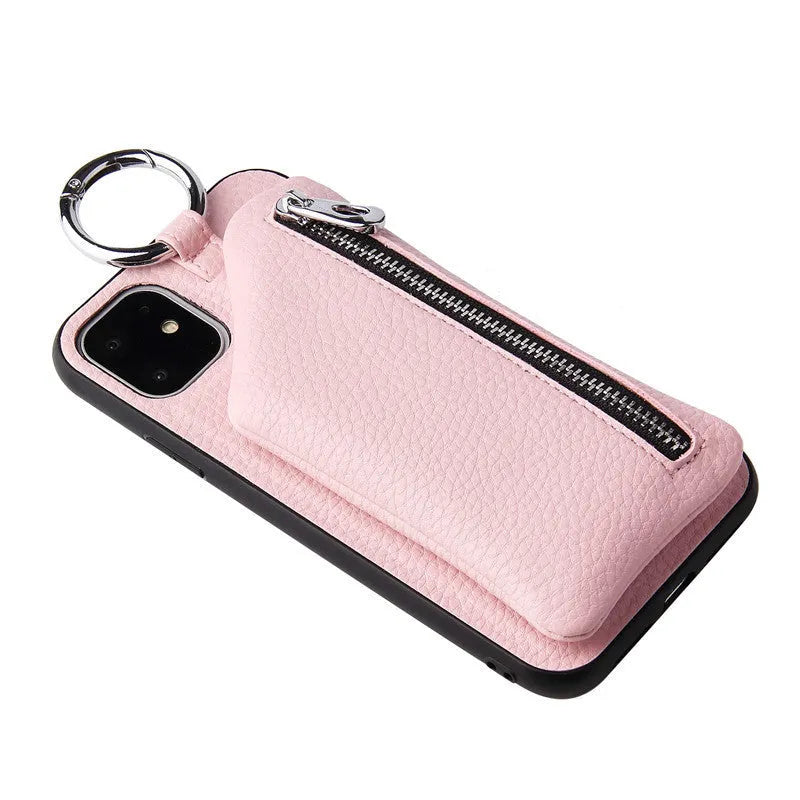 Pink PU leather crossbody phone case with a long lanyard and a small zipped coin purse on the back.