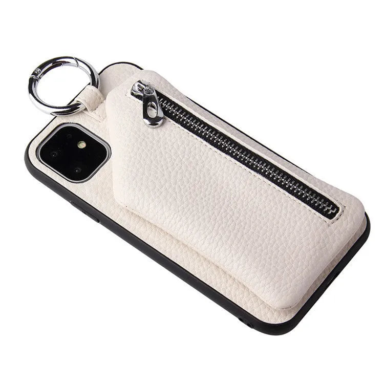 Pink PU leather crossbody phone case with a long lanyard and a small zipped coin purse on the back.