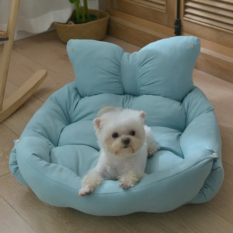 Flat four seasons pet mat in PP cotton and tribute cotton, shown in gray, pink or yellow blue, sizes S to L