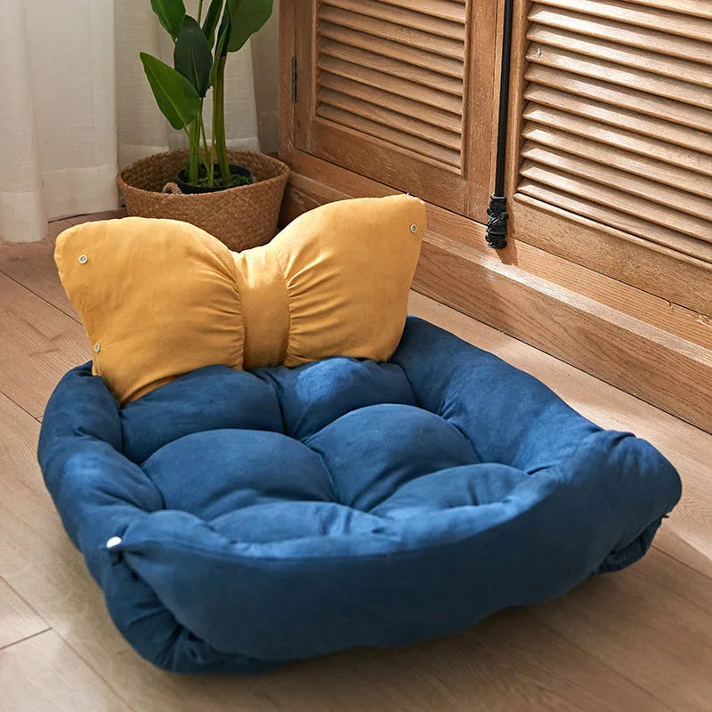 Flat four seasons pet mat in PP cotton and tribute cotton, shown in gray, pink or yellow blue, sizes S to L