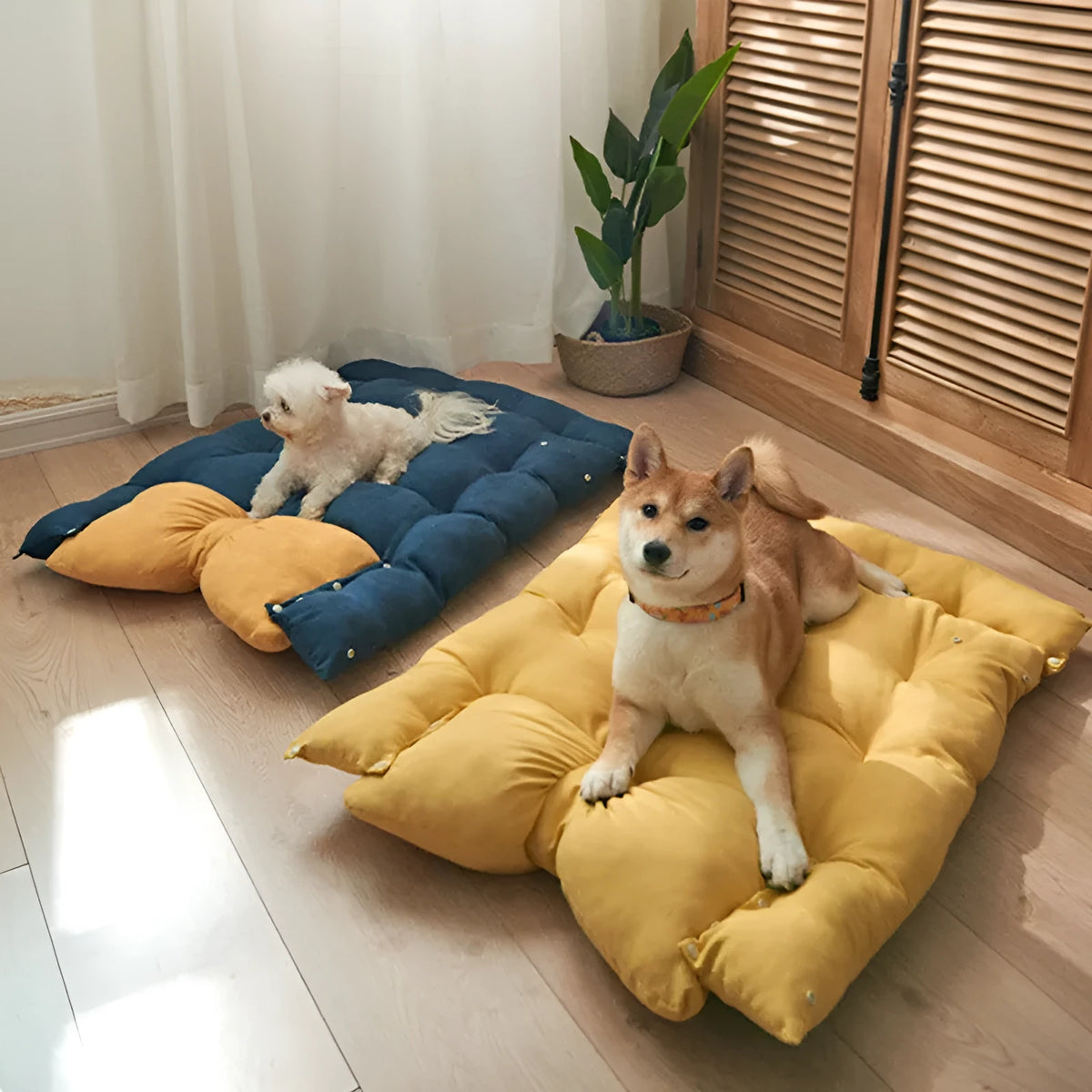 Flat four seasons pet mat in PP cotton and tribute cotton, shown in gray, pink or yellow blue, sizes S to L
