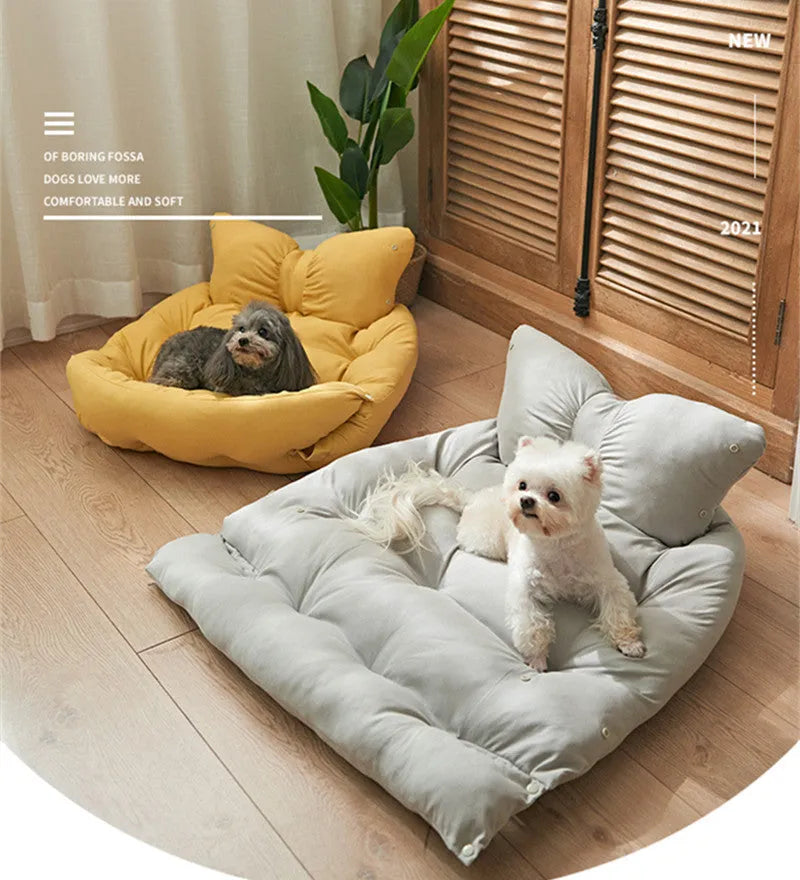 Flat four seasons pet mat in PP cotton and tribute cotton, shown in gray, pink or yellow blue, sizes S to L