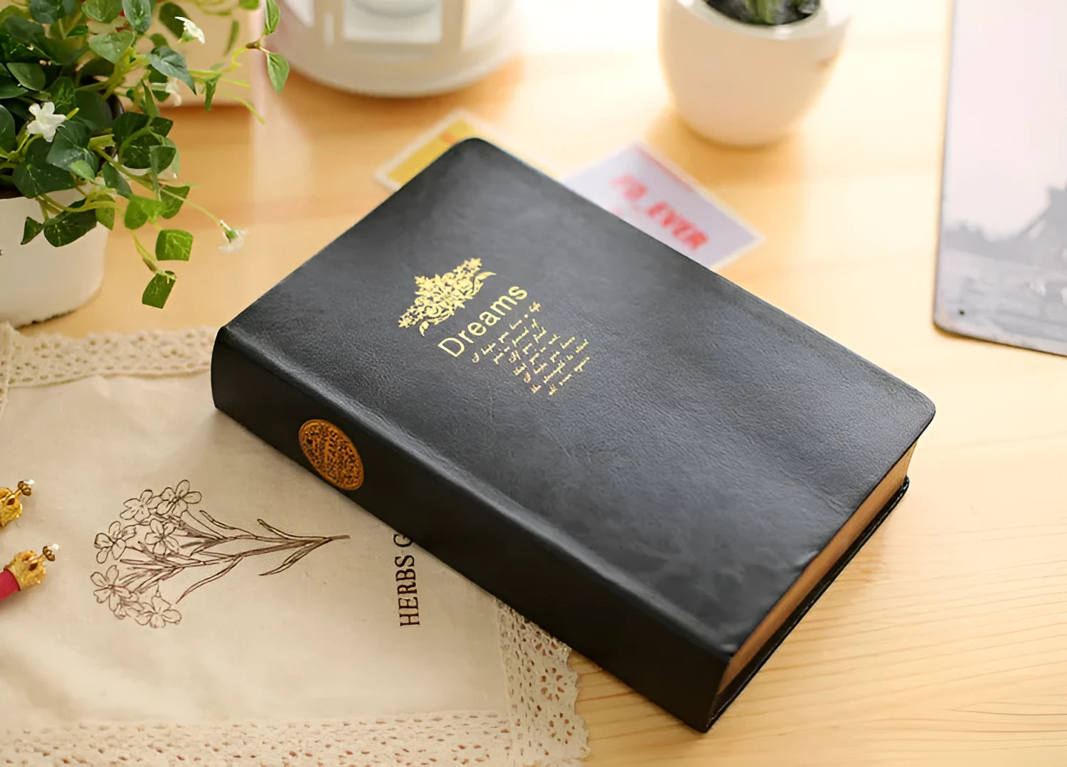 Jingu 25k thick imitation leather notebook open on a desk, showing its 35mm spine and A5 pages.