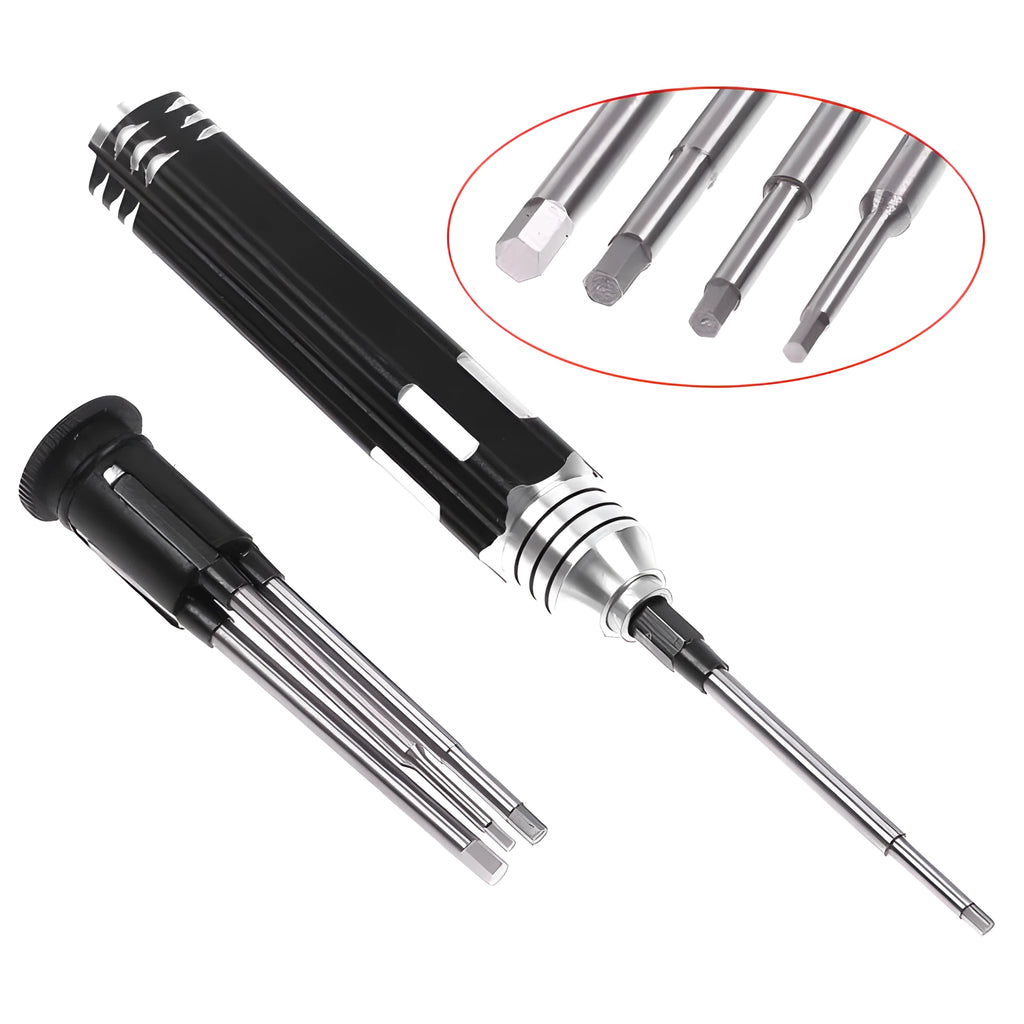 Black four-in-one hexagon socket screwdriver set for aeromodelling with four bits and an aluminium handle.