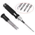 Black four-in-one hexagon socket screwdriver set for aeromodelling with four bits and an aluminium handle.