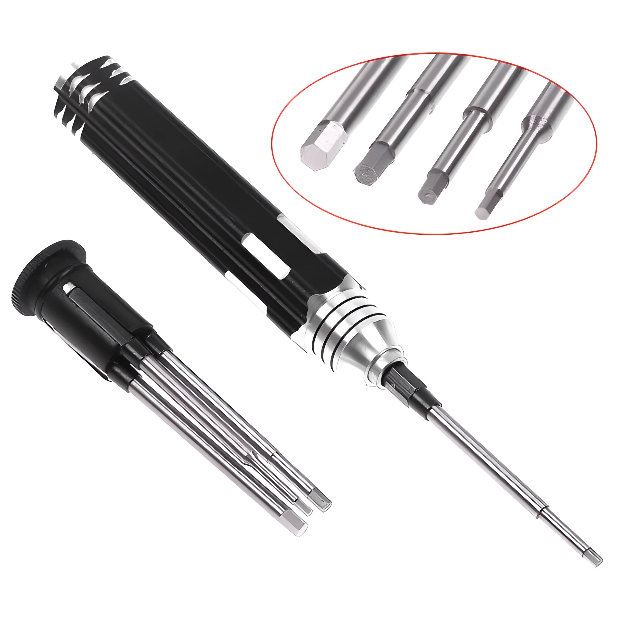 Black four-in-one hexagon socket screwdriver set for aeromodelling with four bits and an aluminium handle.